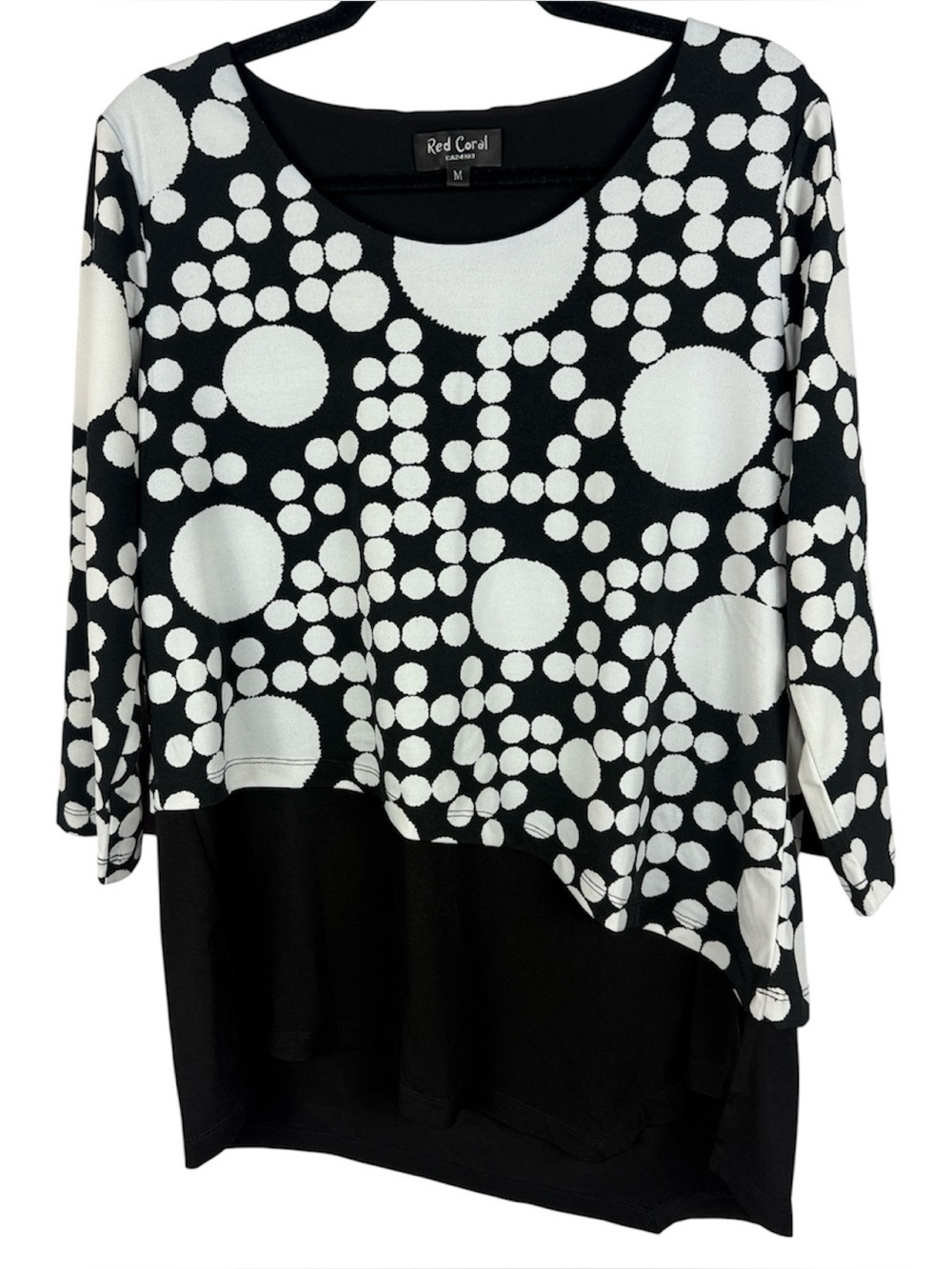Red Coral Black White Polka Dot Layered Asymmetrical 3/4 Sleeve Blouse Medium